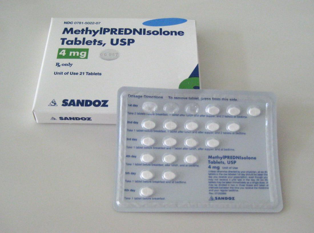 methylprednisolone <br />Image credit: Anonymous, 2009</br>“><br /><em>People can take methylprednisolone orally or as an injection.<br />Image credit: Anonymous, 2009</em> </div>
<p>Prednisone is an oral medication that people take in the form of a tablet, liquid, or concentrated solution. People will take between one and four doses a day depending on the medical condition and the effectiveness of the treatment.</p>
<p>People can take methylprednisolone orally too, but it is also available as an injection.</p>
<p>In many cases, a doctor will inject methylprednisolone into either the muscle or vein. However, for certain conditions, such as RA, they may sometimes inject methylprednisolone directly into a joint to reduce inflammation.</p>
<p>Being injectable makes methylprednisolone easier than prednisone to provide in large doses. This can be useful when a person’s inflammation is severe and requires immediate lessening.</p>
<p>Both prednisone and methylprednisolone are very strong medications. Doctors will try to use the lowest possible dosage that is effective, so they may increase or decrease the dosage during treatment.</p>
<p>It is vital to always take these medications according to a doctor’s instructions. People who stop taking them too quickly may notice side effects, such as:</p>
<ul>
<li>nausea</li>
<li><a href=