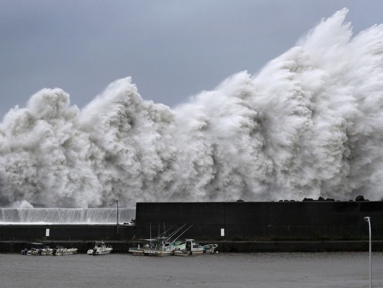 High waves triggered by Typhoon Jebi are seen at a fishing port in Aki, Kochi Prefecture, western Japan