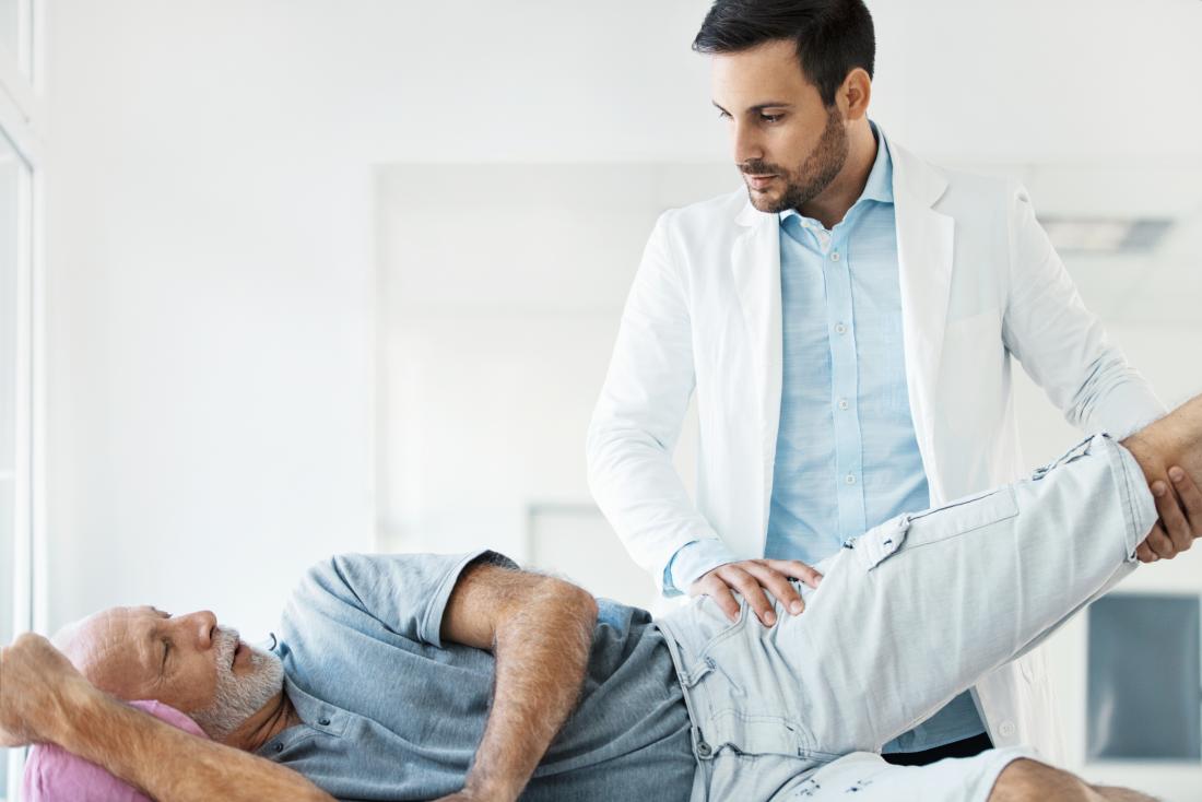 Man in physical therapy for hip movement