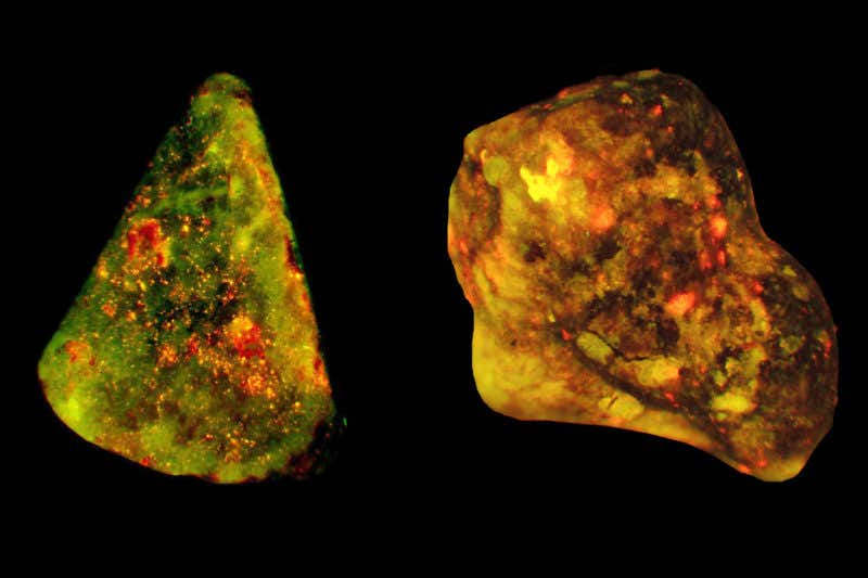 The team found DNA (red) and an enzyme (green) on the surface of human gallstones (yellow)
