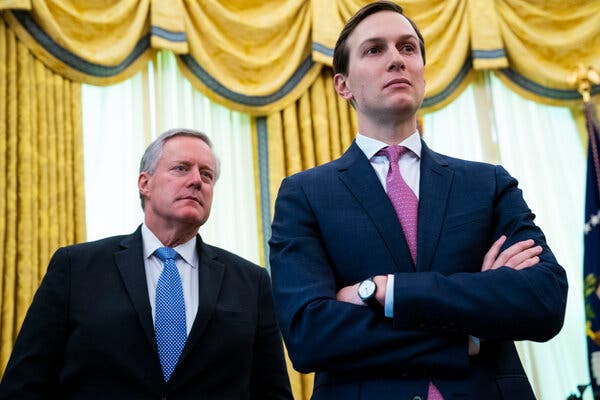 Mark Meadows, the White House chief of staff, left, and Jared Kushner, a senior adviser have called on Dr. Hahn to speed up emergency authorization of vaccines and treatments.