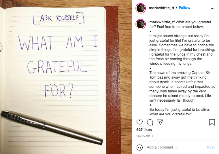 Mark Whittle Instagram gratitude